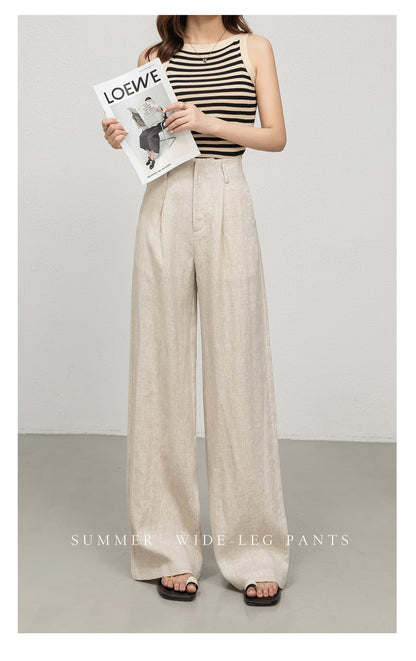 High waist women linen pants with wide leg