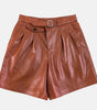 Women Brown Leather Shorts Belted Waist