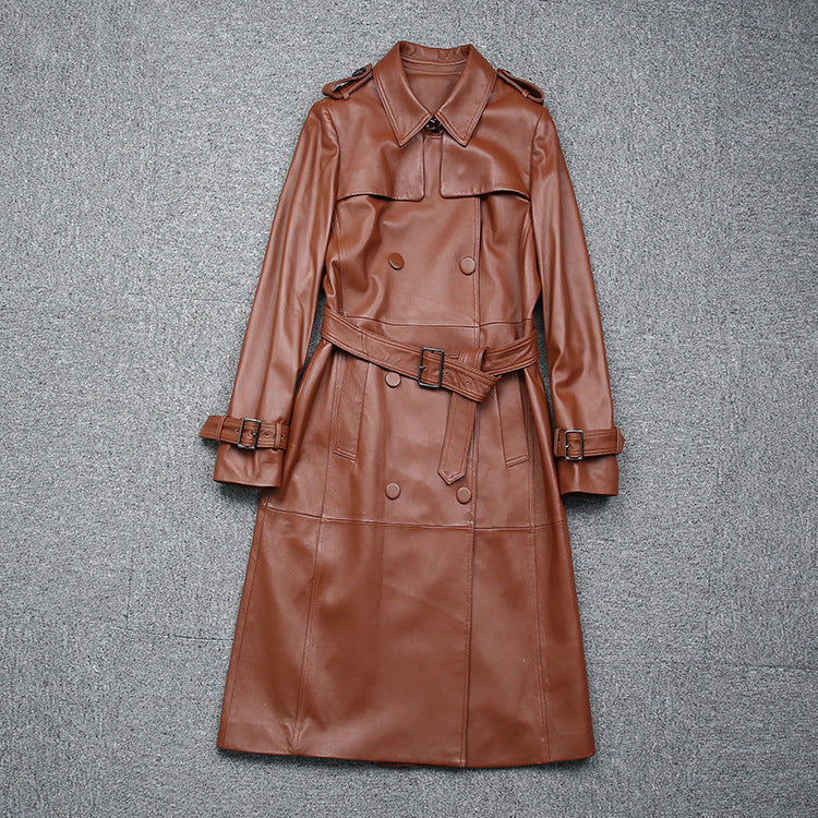 Women Genuine Leather Double Breasted Trench Coat With Belt