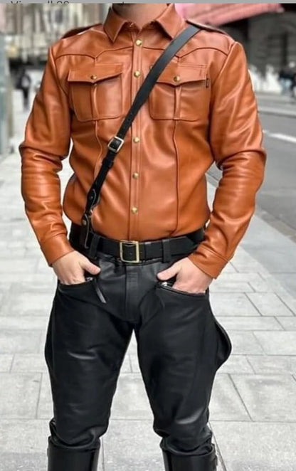 men brown leather shirt long sleeve