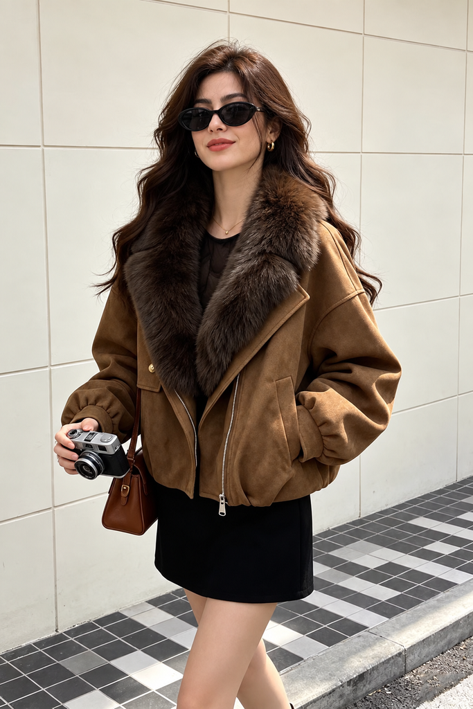 Women’s Brown Fur Collar Bomber Jacket