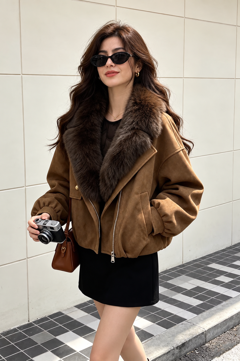 Women’s Brown Fur Collar Bomber Jacket