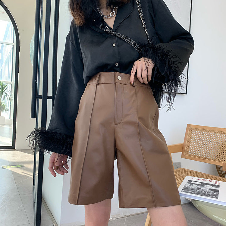 Women Mid Length Real Leather Shorts