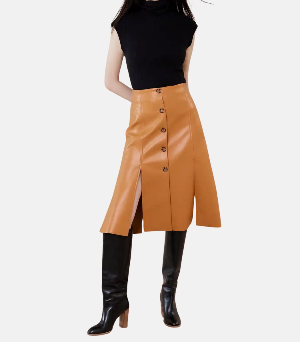 Brown Leather Skirt With Slit