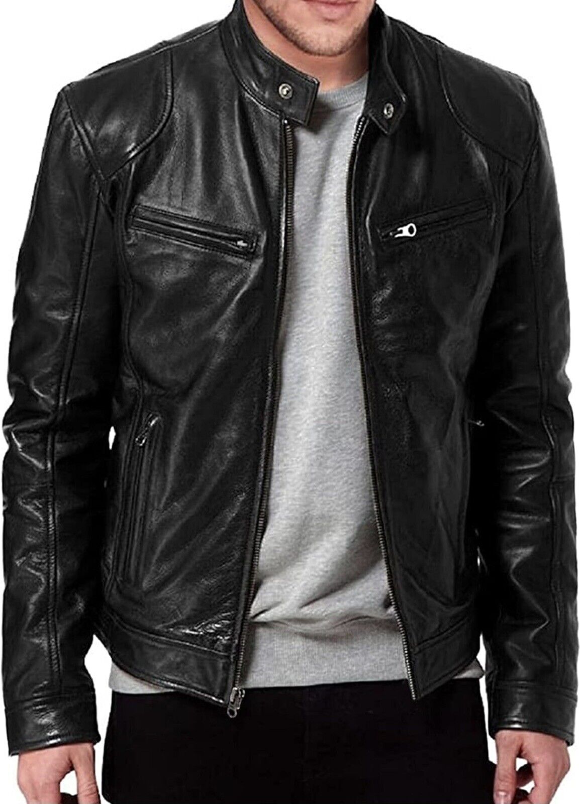 Mens Black Real Leather Biker Motorcycle Jacket