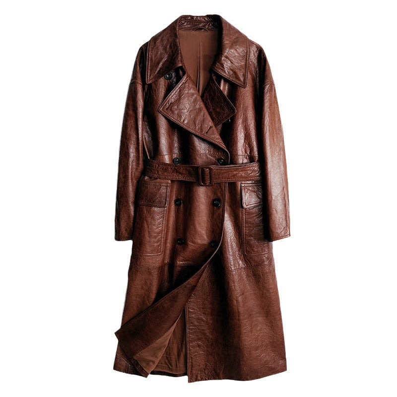 Women Leather Trench Coat Double-Breasted With Belt