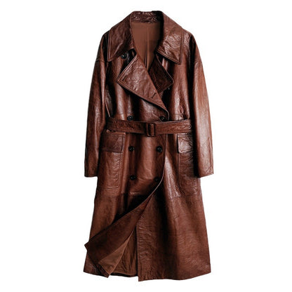 Women Leather Trench Coat Double-Breasted With Belt