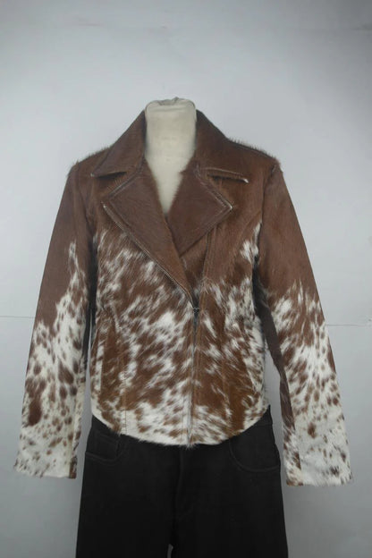 Women Cowhide Jacket Brown White