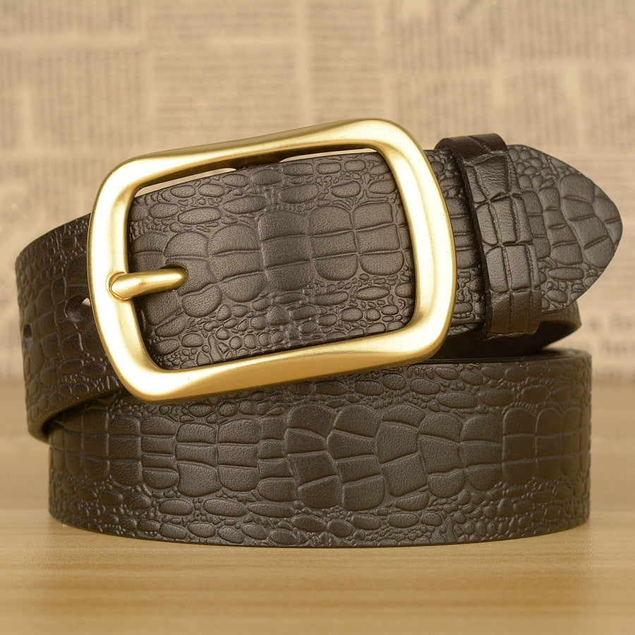 Men Leather Belt with Copper Buckle Crocodile Pattern