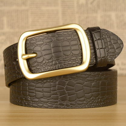 Men Leather Belt with Copper Buckle Crocodile Pattern