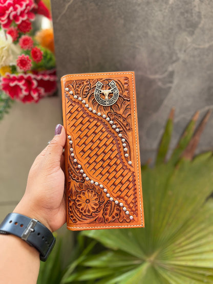 Tooled Cowhide Leather Long Wallet