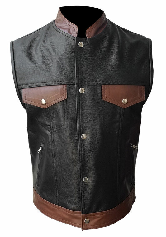 Men's leather jacket vest black brown