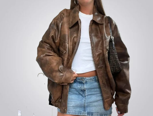 Women's Vintage Brown Leather Oversized Jacket