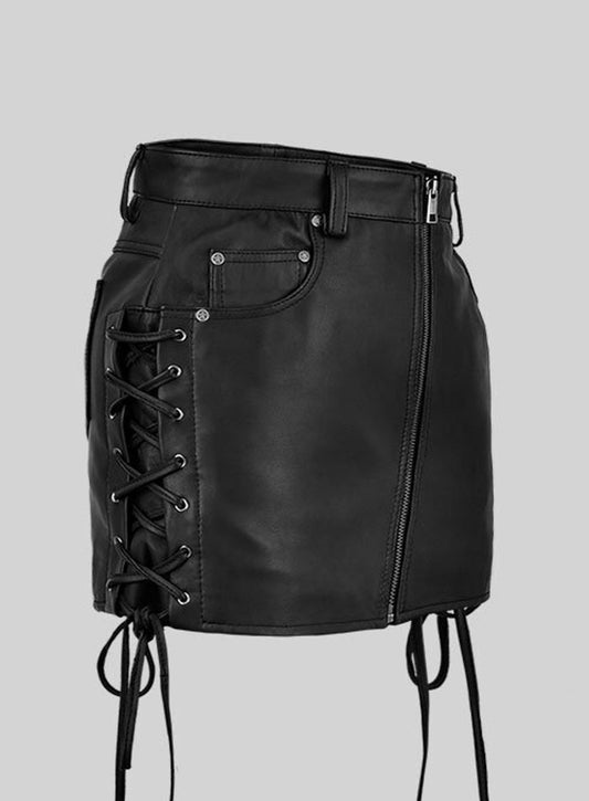 Real Leather Women Mini Skirt Side Lace Up