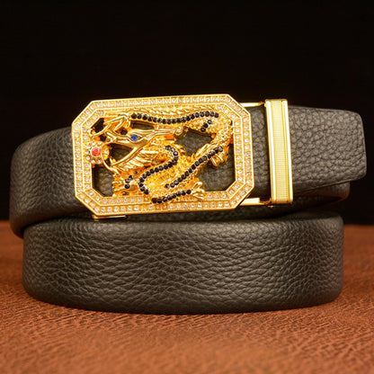 Men’s Cowhide Leather Belt with Rhinestone Dragon Buckle