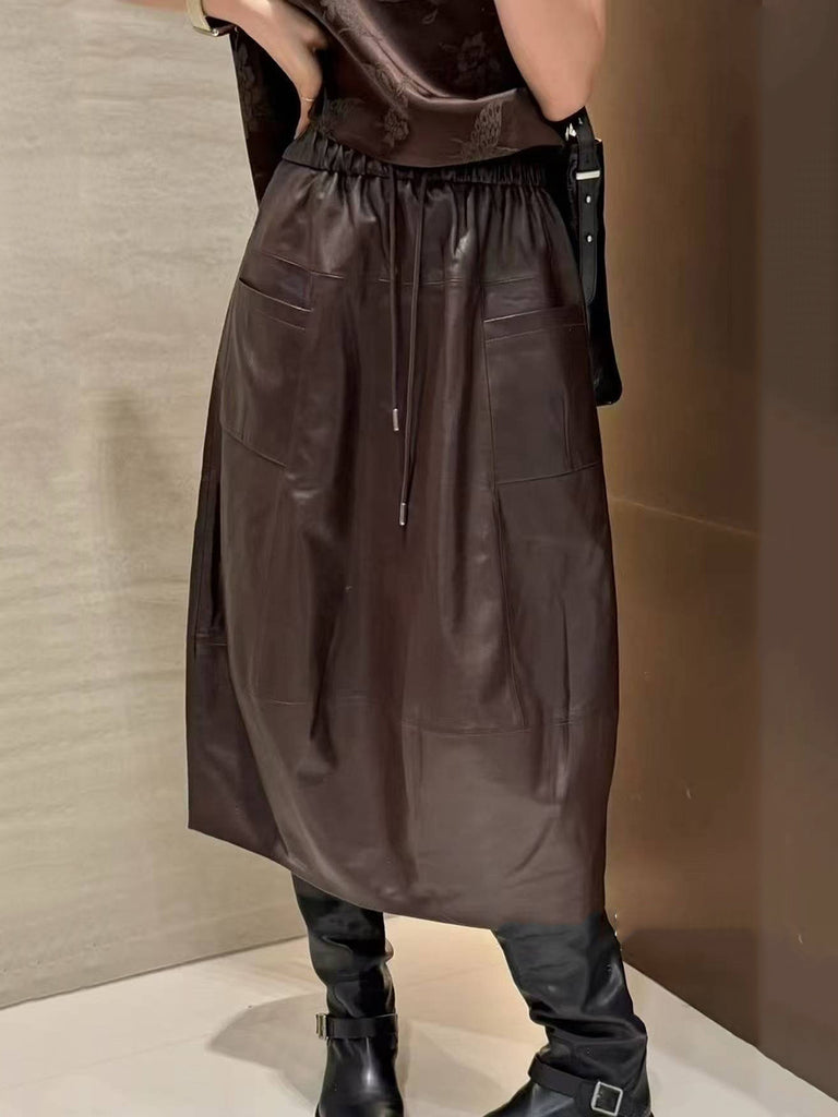 Women Leather Skirt Mid-Length with Pockets & Elastic Waist