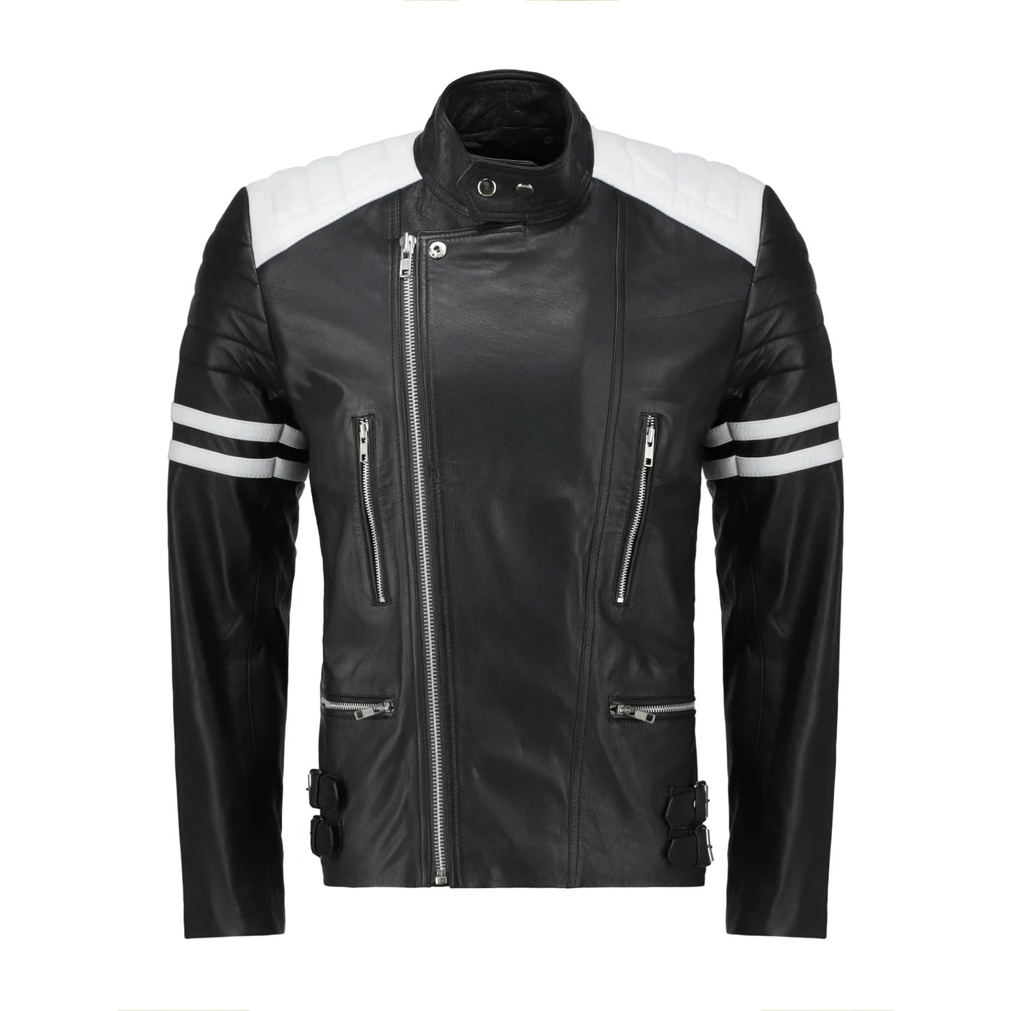 Genuine Biker Leather Jacket Black White