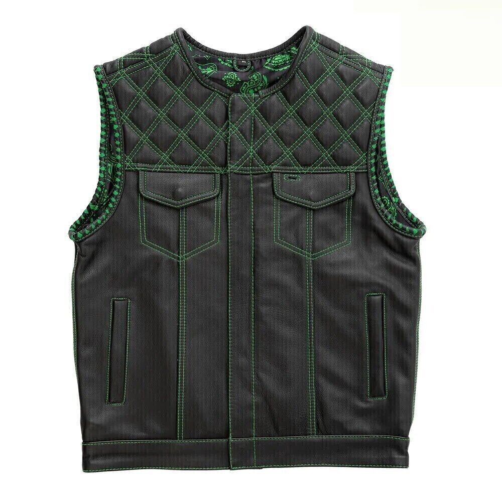 Black Leather Men's Vest With Green Paisley lining