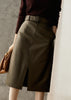 Olive Green Sheepskin Mid Length Leather Skirt with Belt and Slit