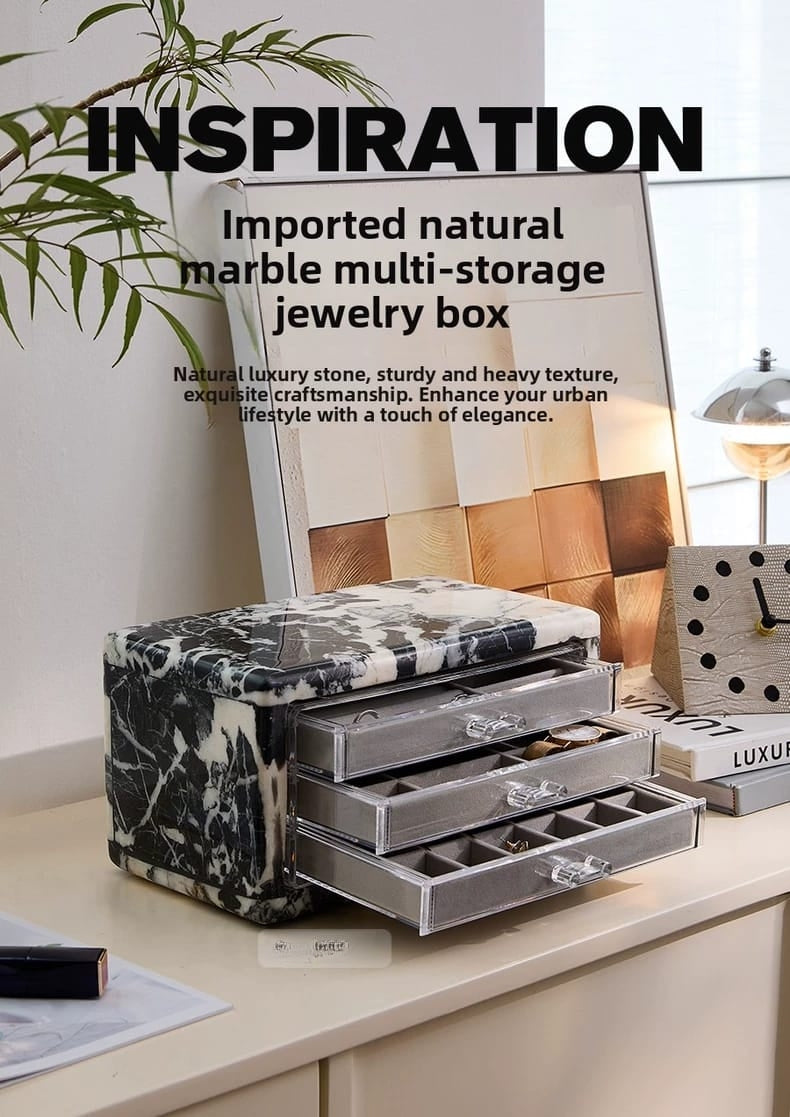 Natural Marble Jewelry Organizer Box with Multi-Drawer Storage