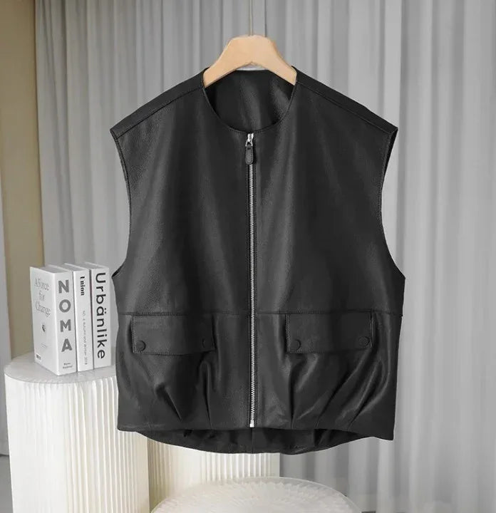 Women Real Soft Leather Zip Vest Office Vest 2 S