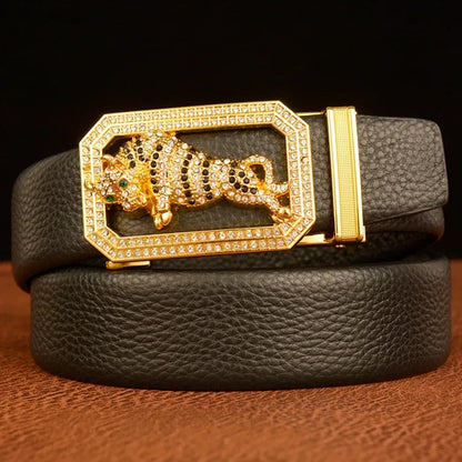 Men’s Full-Grain Leather Belt with Gold Tiger Buckle 1 110 cm