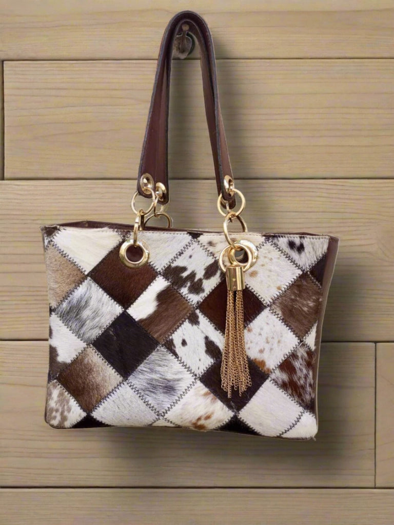 Genuine Cowhide Patchwork Tote Purse