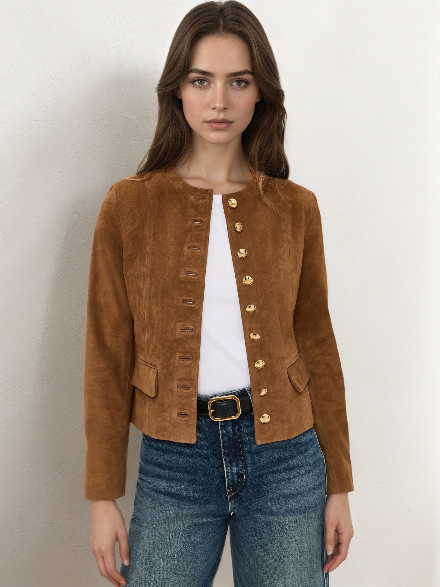 Brown Faux Suede Jacket Womens with Gold Buttons