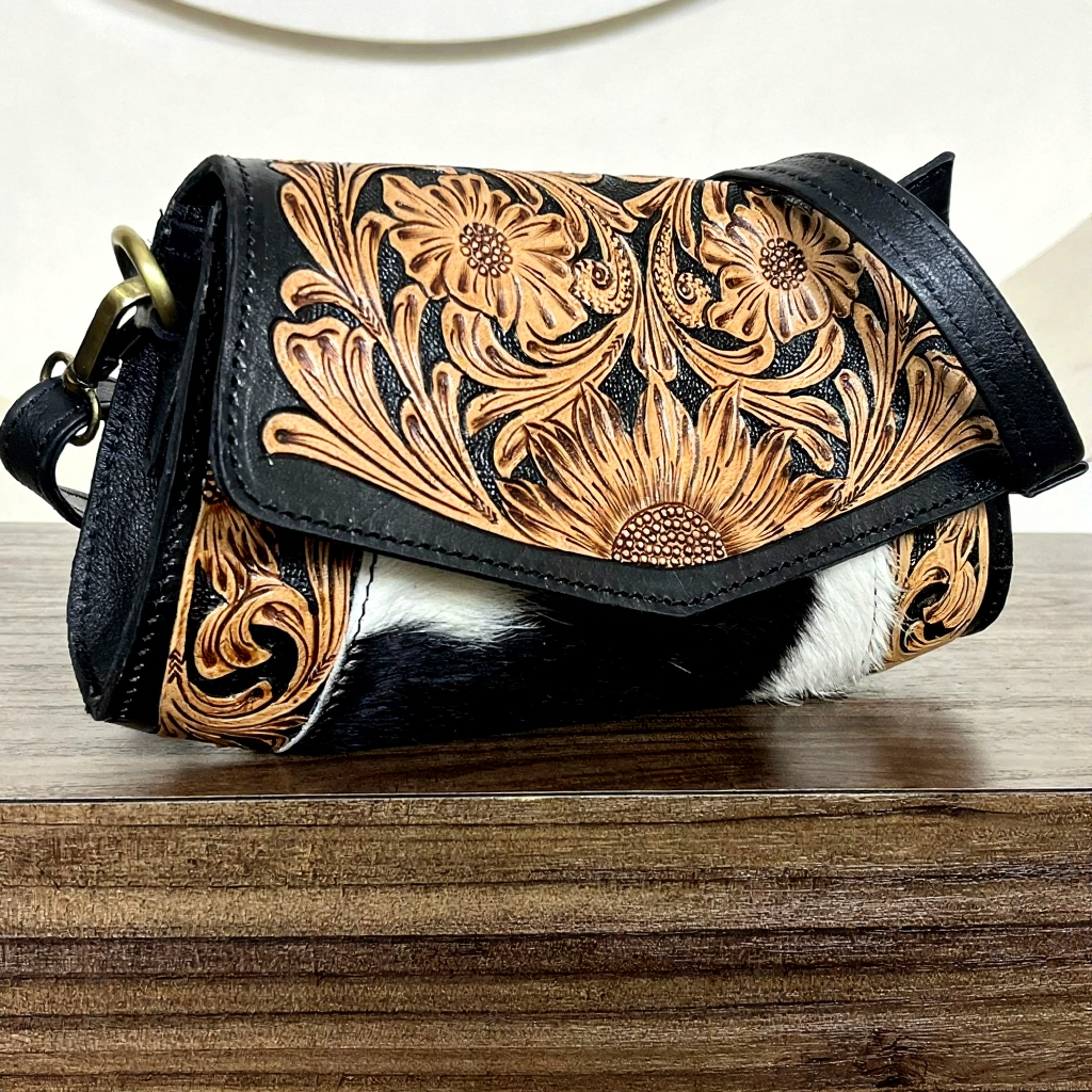 Hand tooled cowhide leather crossbody mini bag