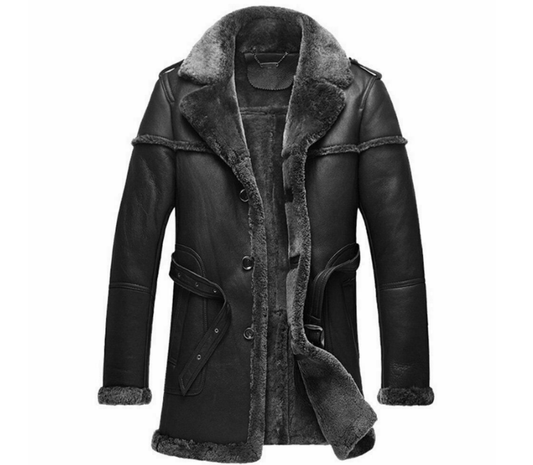 Men's Genuine Black Sheepskin Shearling Long Retro Coat