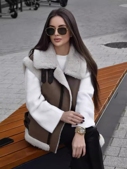 Faux suede fleece lined sleeveless vest jacket