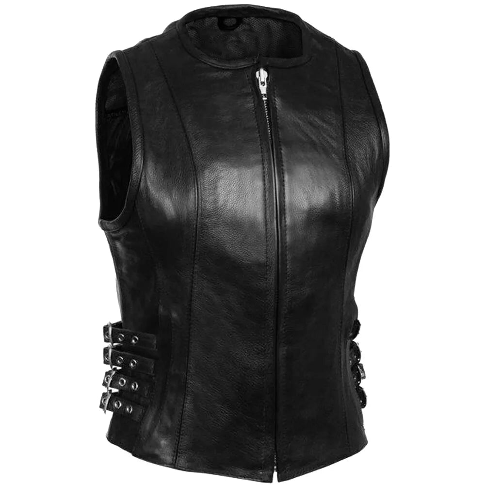 Slim fit Women's Black Leather Biker Vest