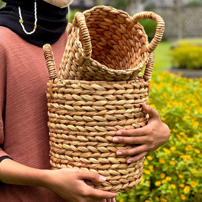 Dried Woven Water Hyacinth Flower Pot With Handle