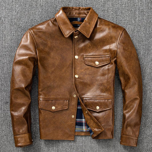 Oil Wax Leather Jacket Men Brown Slim Fit Boxer Style