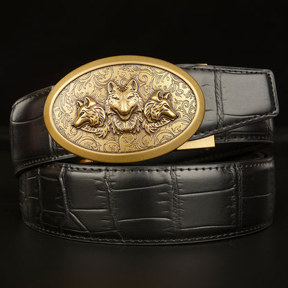 Men’s Genuine Leather Belt with Triple Wolf Buckle