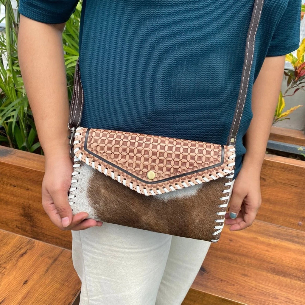 Tooled Leather Clutch Crossbody with Cowhide Fur