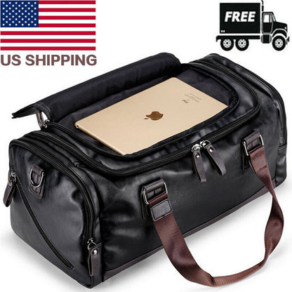 Unisex Black Leather Travel Luggage Bag