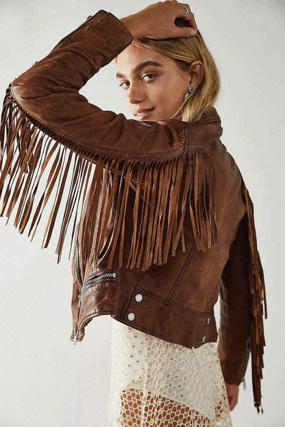 Women's Brown Lambskin Leather Fringed Jacket