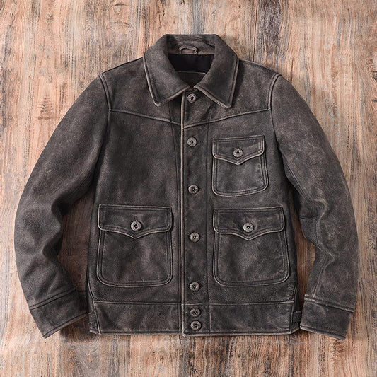 Men Distressed Cowhide Leather Trucker Jacket