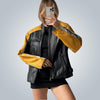 leather flight jacket women's black yellow