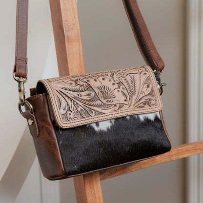 Genuine Cowhide Crossbody Bag With Tooled Leather