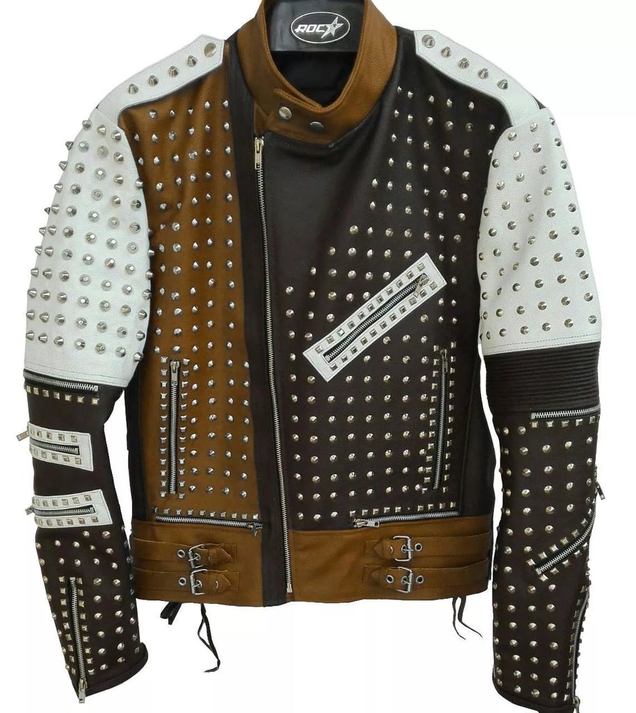 Men's Silver Studded Leather Jacket Punk Biker