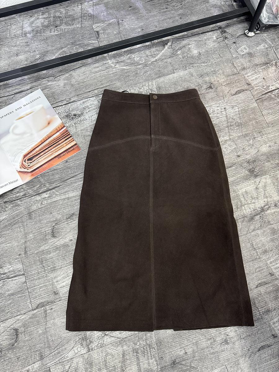 Brown Suede Midi Skirt Women Sheepskin Over-the-Knee Skirt