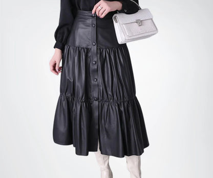 Mid Waist Midi Leather Skirt