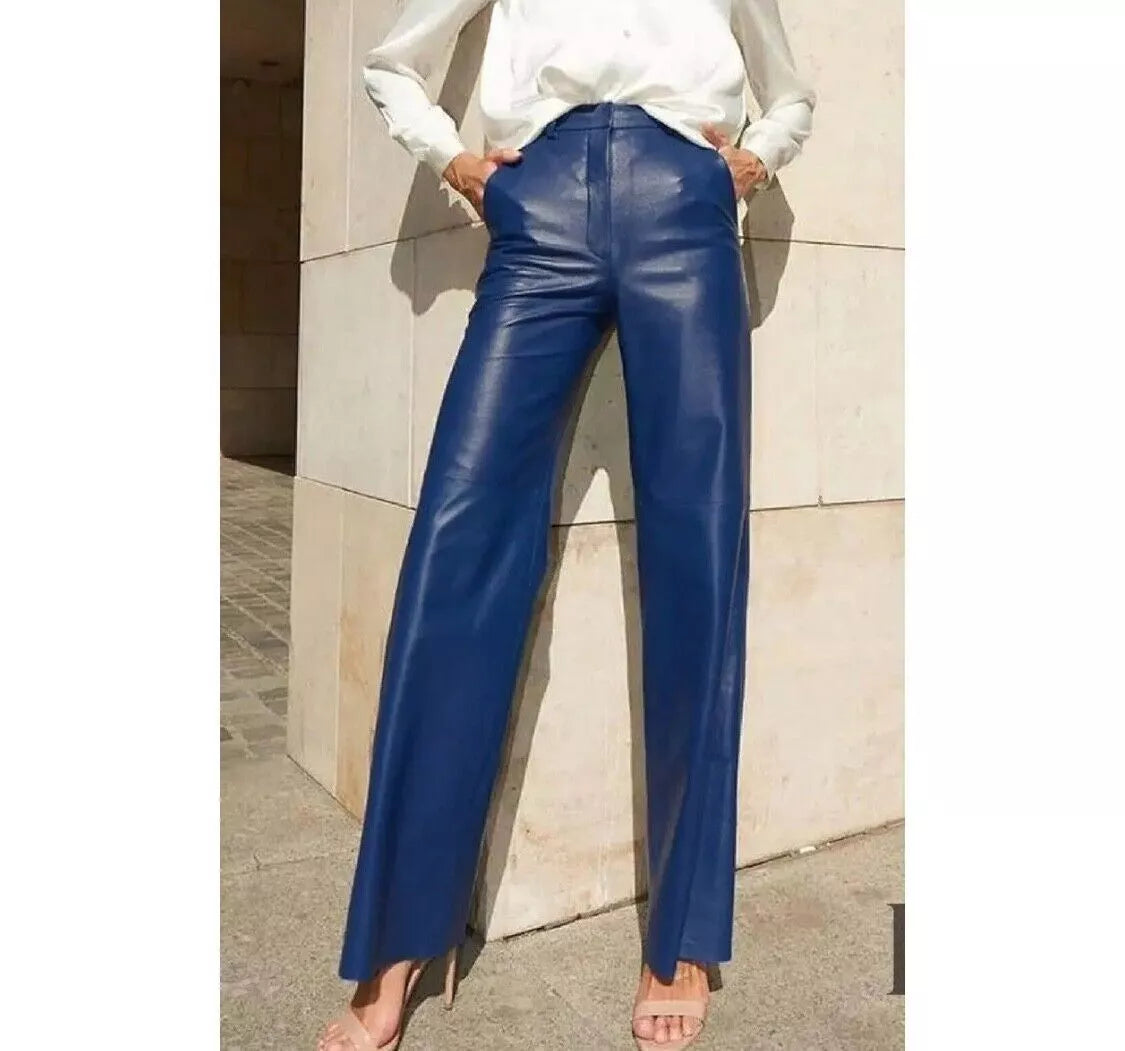 blue leather pants women