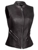 Black leather women's biker vest with a sleeveless design, featuring zipper details and a sleek waistcoat style, perfect for adding edge to any outfit. Crafted for bold appeal.