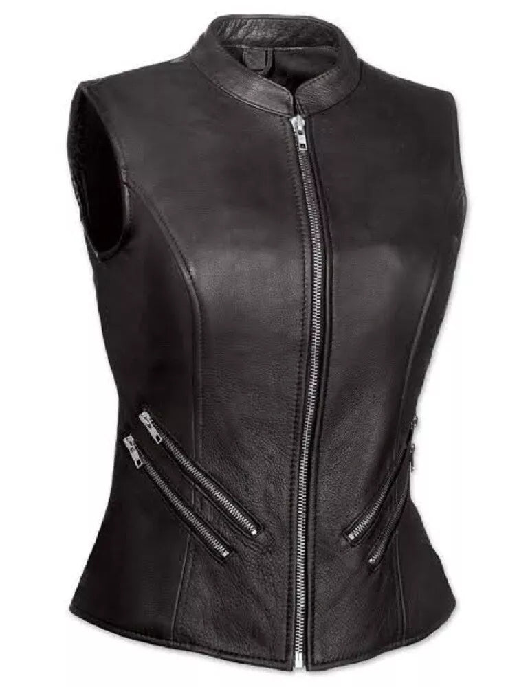 Black leather women's biker vest with a sleeveless design, featuring zipper details and a sleek waistcoat style, perfect for adding edge to any outfit. Crafted for bold appeal.