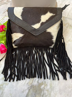 Black White Cowhide Crossbody Bag With Fringes
