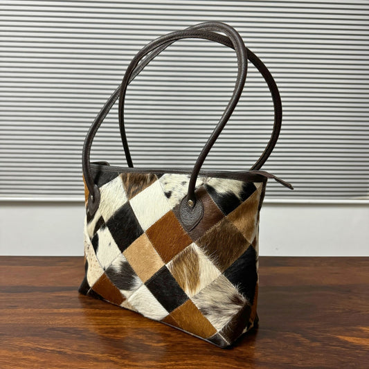 Cowhide Fur Tote Bag Patchwork Pattern