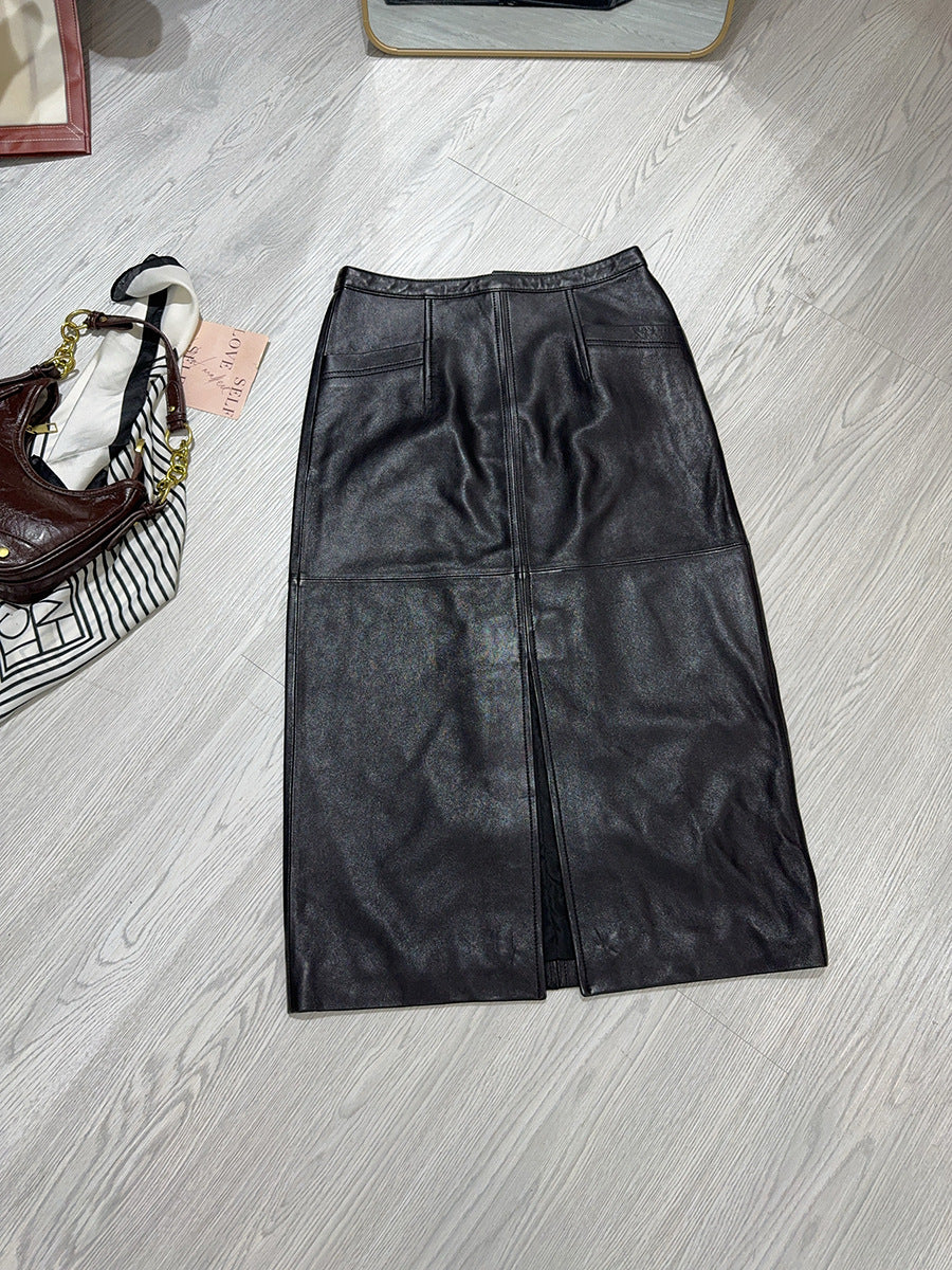Women’s Real Leather Mid-Length Skirt with Back Slit